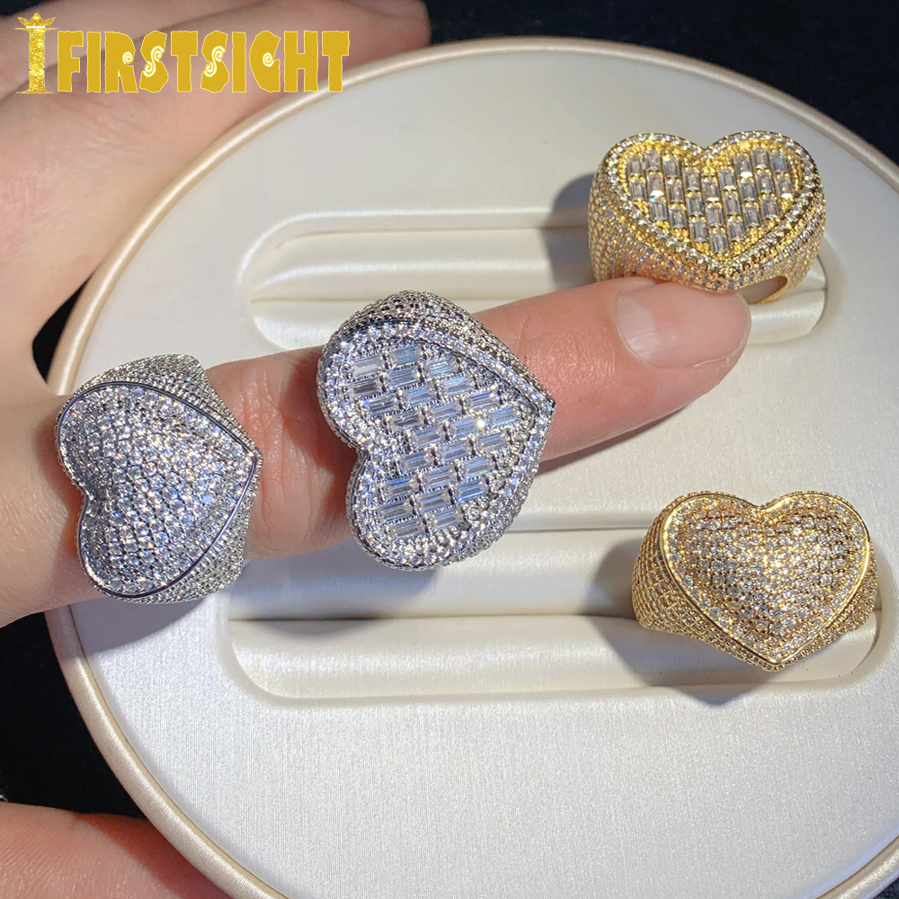 Band Rings Iced Out Bling Big Heart Ring Gold Silver Color Rectangle CZ Micro Pave Cubic Zircon Finger Hip Hop Punk Men Women Jewelry 230519