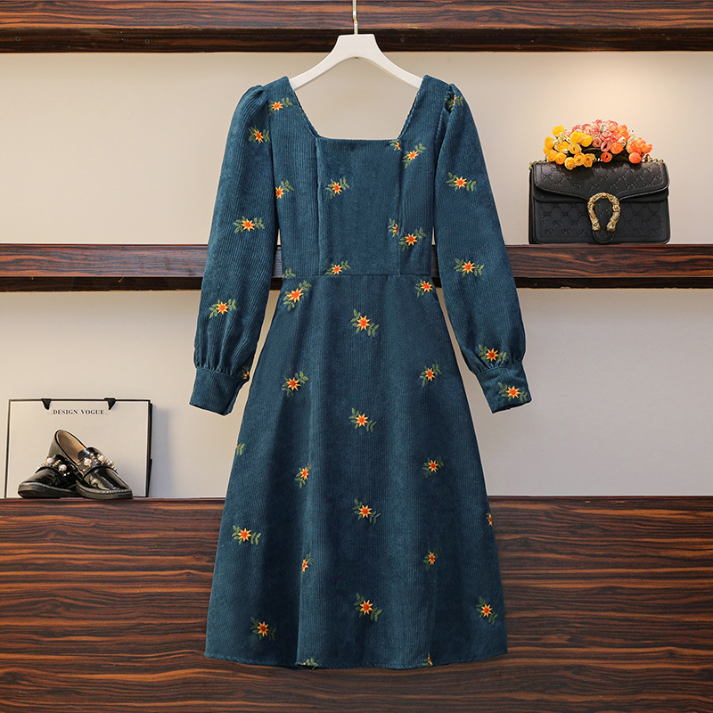 Basic Casual Dresses EHQAXIN Retro Corduroy Dress Autumn Womens Vintage Square Collar Puff Long Sleeve High Waist Floral Embroidery Midi Dresses 23051