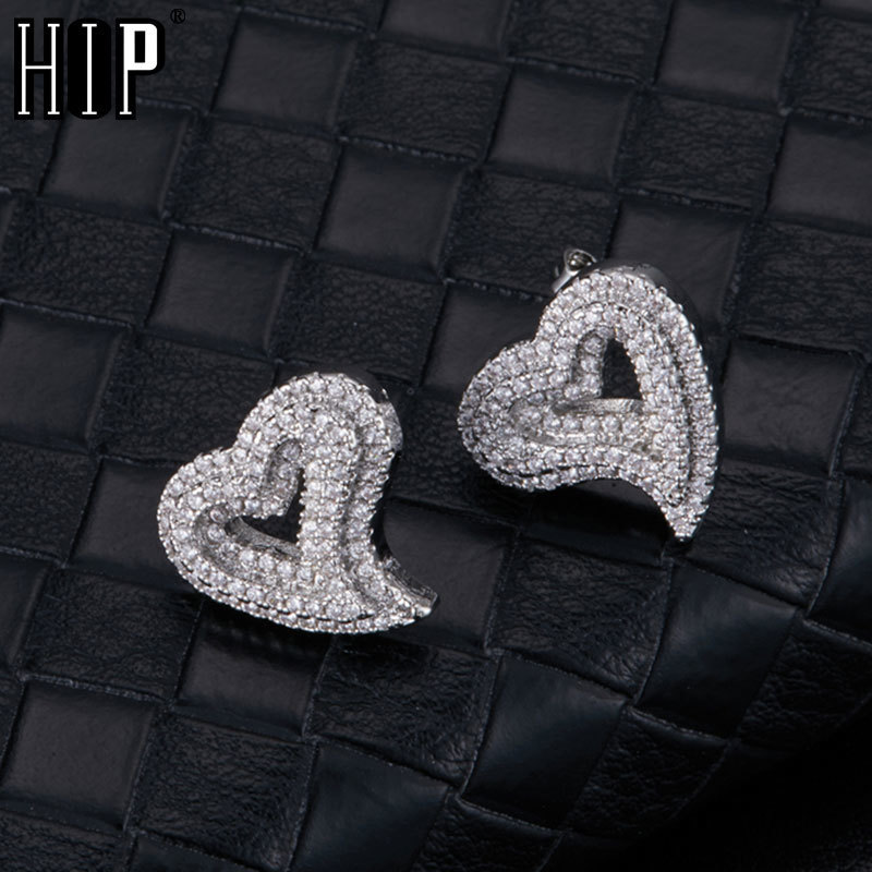 Stud Hip Micro 1Pair Heart Shape Pave Baguette Cubic Zircon Stone Ice out CZ Earring Bling Copper Earrings For Women Men Jewelry 230519