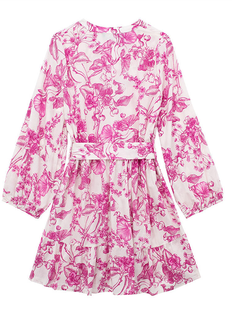 Basic Casual Dresses Floral Print Lantern Sleeve Bow Dress Vintage V-neck X-shaped Short Shirt Dresses Women's Vacation Beach High Street Vestido