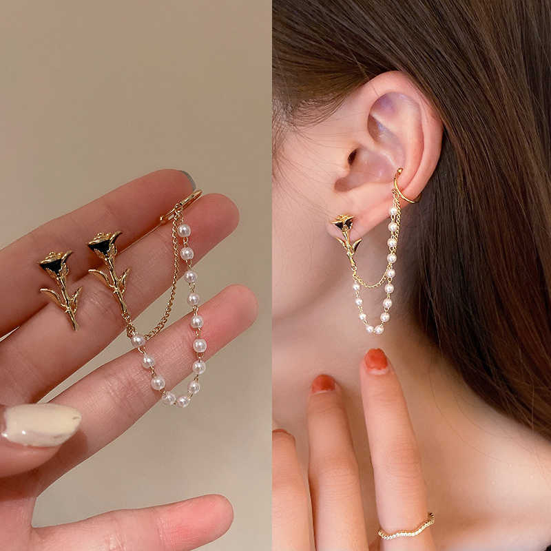 Charm 2022 Rose Flower Pearl Chain Stud Earrings Korean Style Ear Clip Long Tassel Earring Fashion Gold Ear Studs For Women Jewelry AA230518