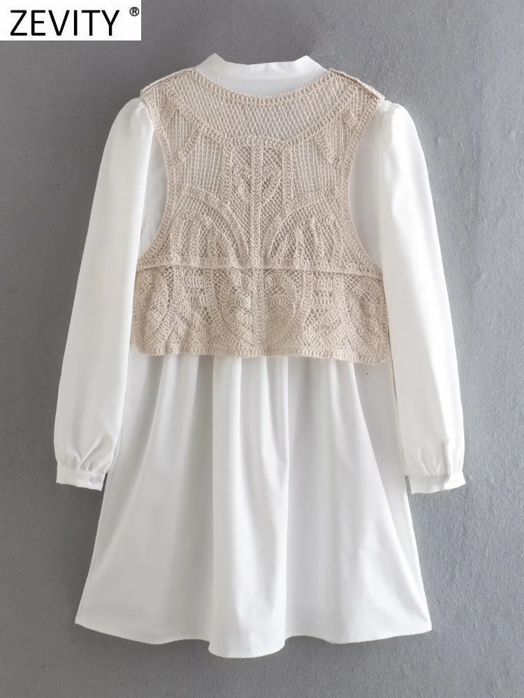 Basic Casual Dresses Zevity Women Fashion V Neck Lace Crochet Patchwork White Mini Dress Female Chic Long Sleeve Lace Up A Line Vestidos DS1905 230519