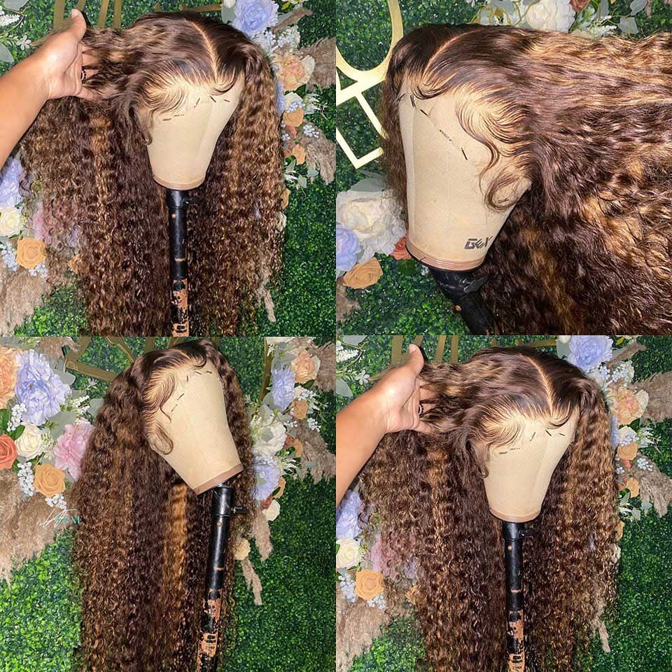Brazilian Hair 13x4 Highlight Lace Front Wig 36 Inch Curly Human Hair Wig Honey Blonde Deep Water Wave Synthetic Frontal Wigs For Women