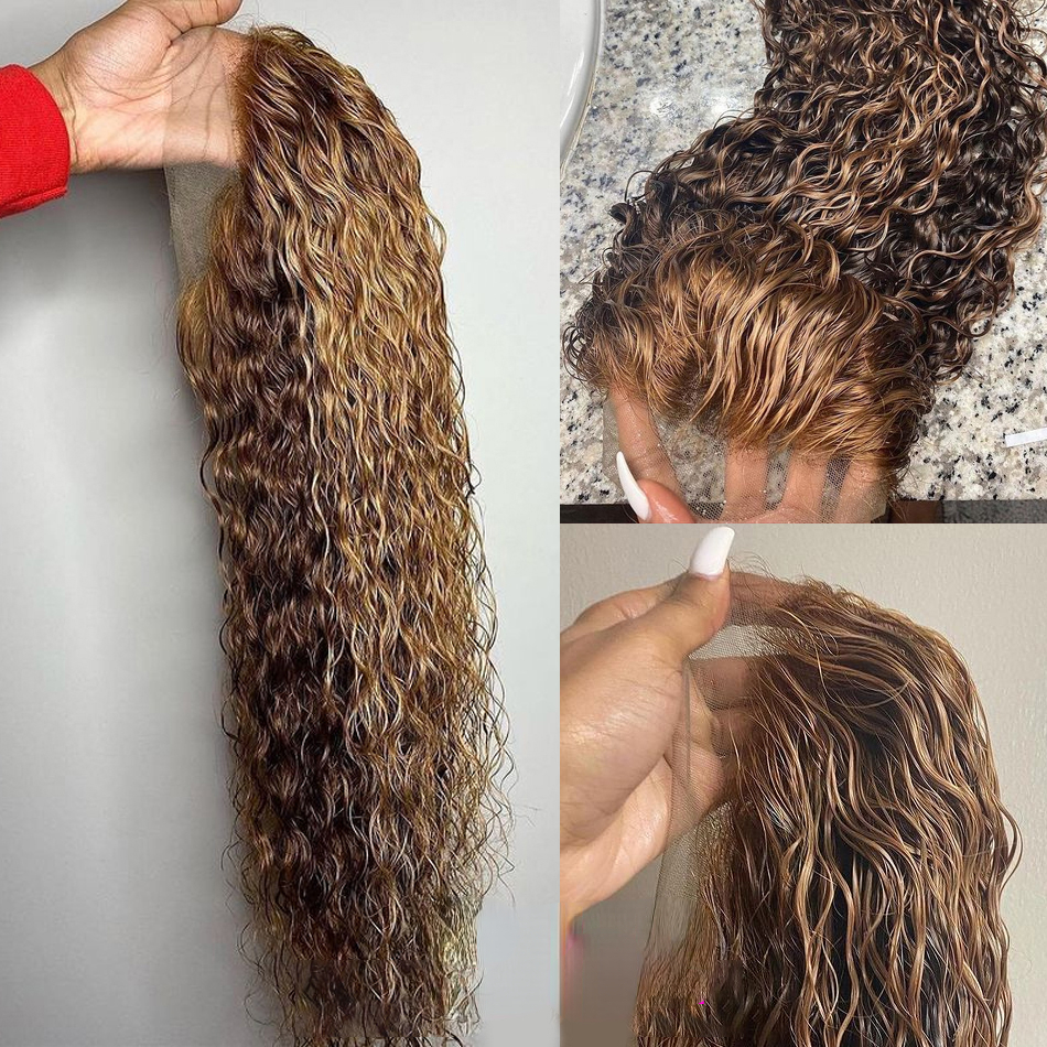 Brazilian Hair 13x4 Highlight Lace Front Wig 36 Inch Curly Human Hair Wig Honey Blonde Deep Water Wave Synthetic Frontal Wigs For Women