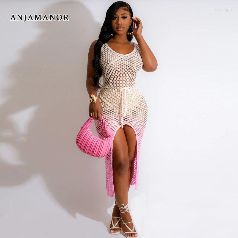 Casual Dresses ANJAMANOR Gradient Knit Crochet Summer Dress 2023 Woman Beach Cover Up Vacation Outfits Sexy Sleeveless Long D62-EZ25
