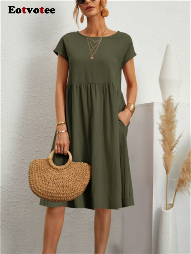 Basic Casual Dresses Eotvotee Cotton Linen Summer Dress for Women High Waisted O Neck Short Sleeve Midi Dresses Solid Vintage Casual Dress 230519
