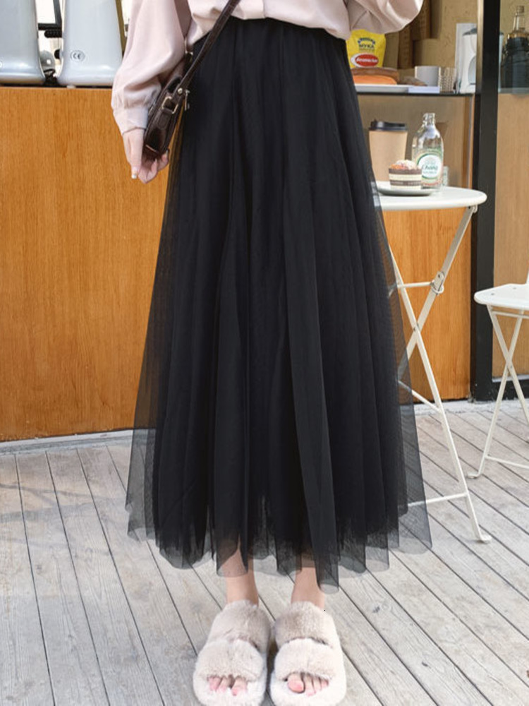 Skirts 3 layers Midi Summer Tulle Skirt Women 2023 Ladies Casual White Black High Waist Pleated Sun School Long Female 230519