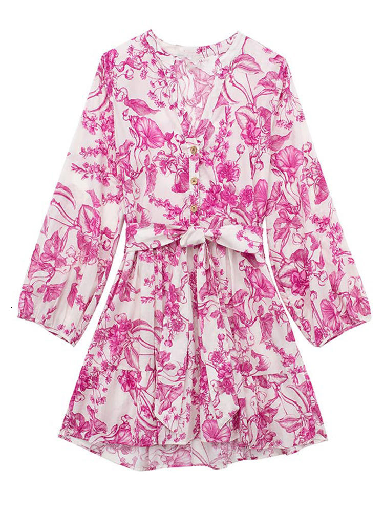 Basic Casual Dresses Floral Print Lantern Sleeve Bow Dress Vintage V-neck X-shaped Short Shirt Dresses Women's Vacation Beach High Street Vestido