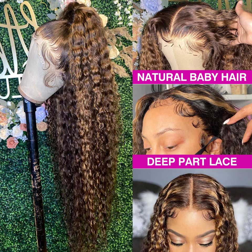 Long Brown/Blonde Highlight Wig Deep Wave Brazilian Lace Frontal Wig Ombre Curly Water Wave Lace Front Wigs Synthetic For Women