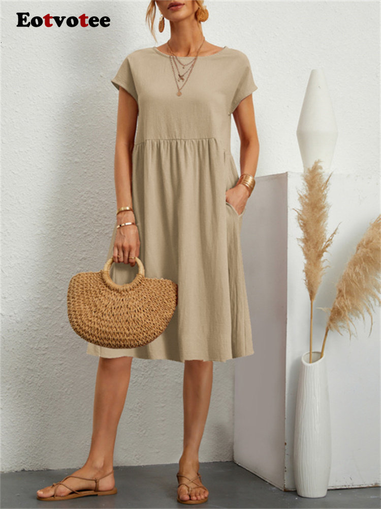 Basic Casual Dresses Eotvotee Cotton Linen Summer Dress for Women High Waisted O Neck Short Sleeve Midi Dresses Solid Vintage Casual Dress 230519