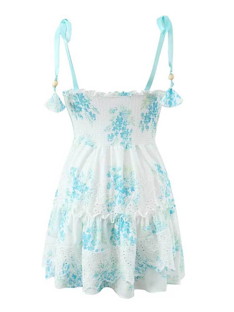 Basic Casual Dresses Boho Inspired blue floral straps party dress bow tied shoulder smocked bodice embroidery summer dress chic ladies mini dress 2305
