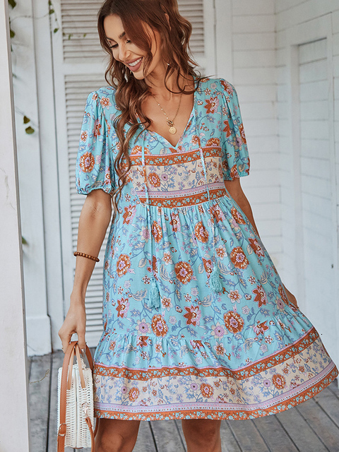 Basic Casual Dresses Floral Puff Sleeve Summer Dress Women Casual Loose Ruffle Boho Holiday Beach Sundress Green Vintage Elegant Lace-up Mini Dresses 