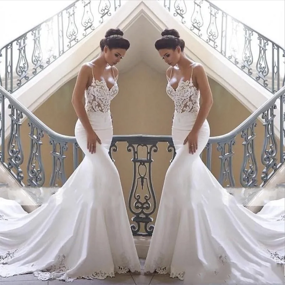 Cheap Mermaid Wedding Dresses Spaghetti Straps Lace Appliques Satin Illusion Sleeveless Court Train Beach Boho Arabic Formal Bridal G