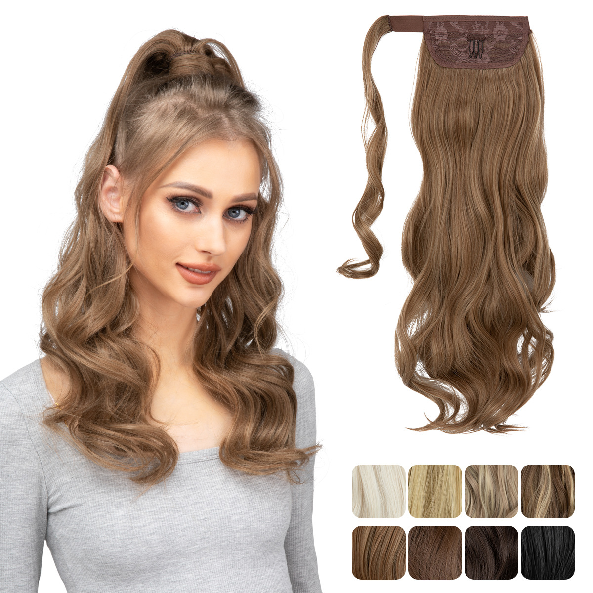 Synthetic Long Wavy Ponytail Hair Extension Curly Clip In Hairpiece Blonde Wrap Around Pigtail Smooth Fake Pony Tail