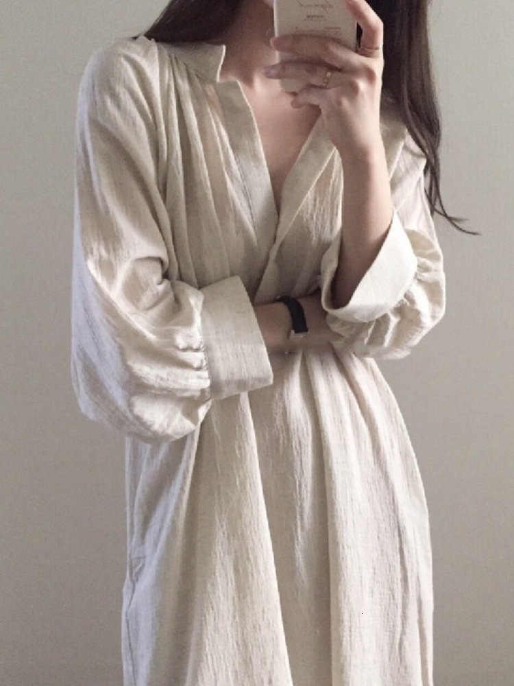 Basic Casual Dresses Summer Loose Ladies Dress Solid Color Simple Cotton and Linen Shirt Dress Mid-length V-neck Over-the-knee Casual Dress 230519