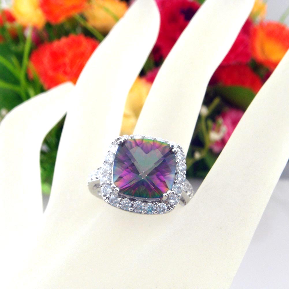 Mystic Rainbow Jewelry Set Wedding Ring Earring Snd Pendant Jewelry Set 925 Stamped Natural Quartz Stone Jewelry for Women