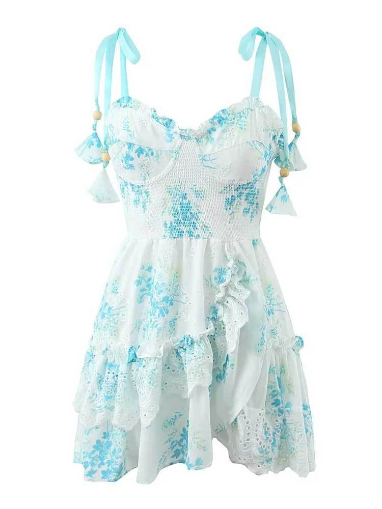 Basic Casual Dresses Boho Inspired blue floral straps party dress bow tied shoulder smocked bodice embroidery summer dress chic ladies mini dress 2305