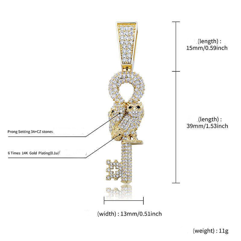 Golden Owl Key Hip Hop Pendant Necklace Full Iced Out Cubic Zircon Punk Rock Charms Necklaces Bling Pendants Real Gold Plated Bling CZ Hip Hop Jewelry