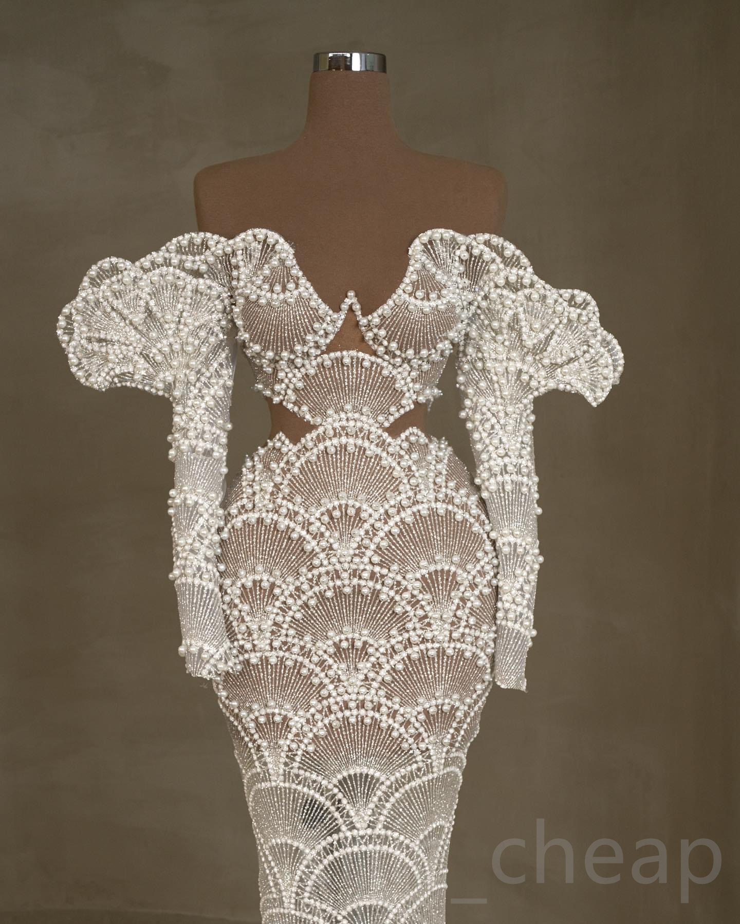 2023 Arabic Aso Ebi White Mermaid Wedding Dress Pearls Lace Luxurious Long Sleeves Bridal Gowns Dresses ZJ2023