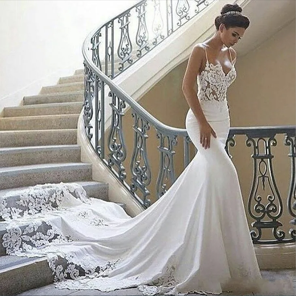 Cheap Mermaid Wedding Dresses Spaghetti Straps Lace Appliques Satin Illusion Sleeveless Court Train Beach Boho Arabic Formal Bridal G