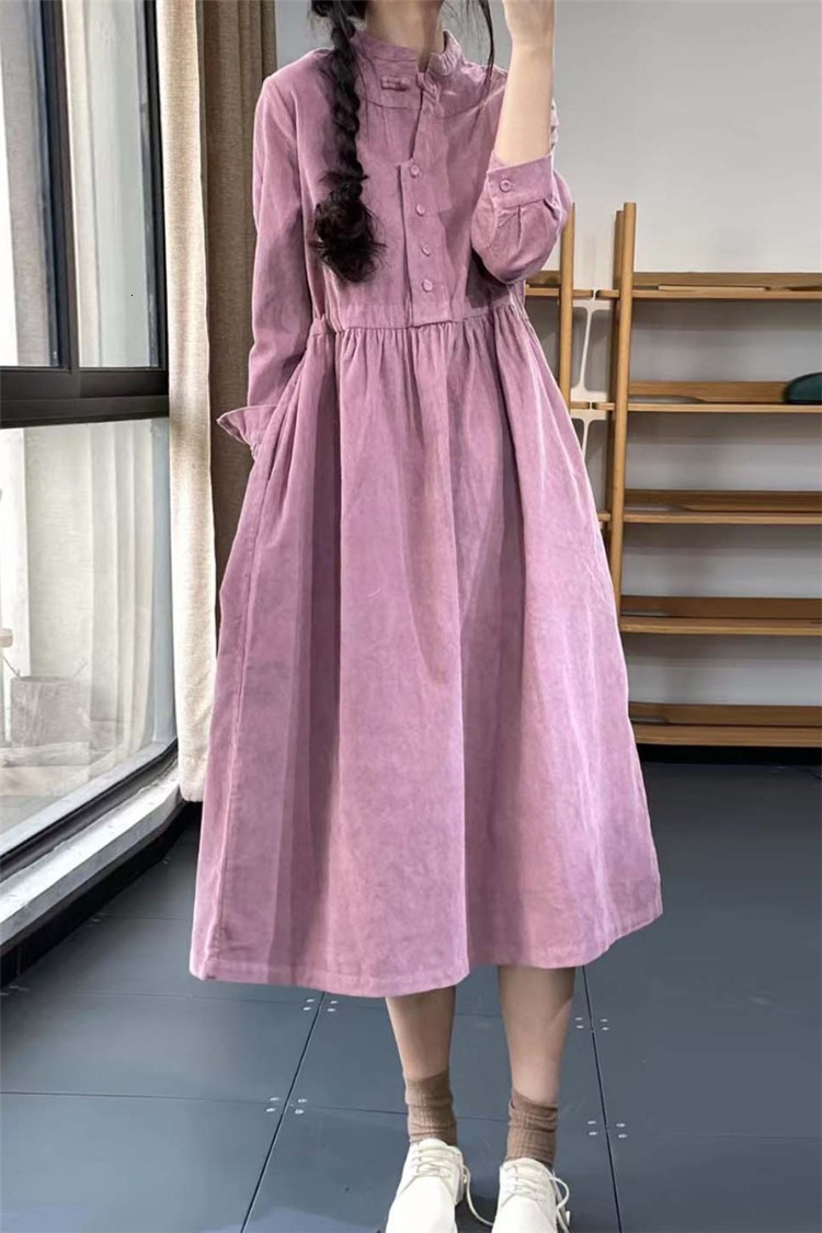 Basic Casual Dresses Arrival Stand Collar Corduroy Vintage Autumn Winter Dress Office Lady Outwear Work Dress Women Spring Casual Midi Dress 230519