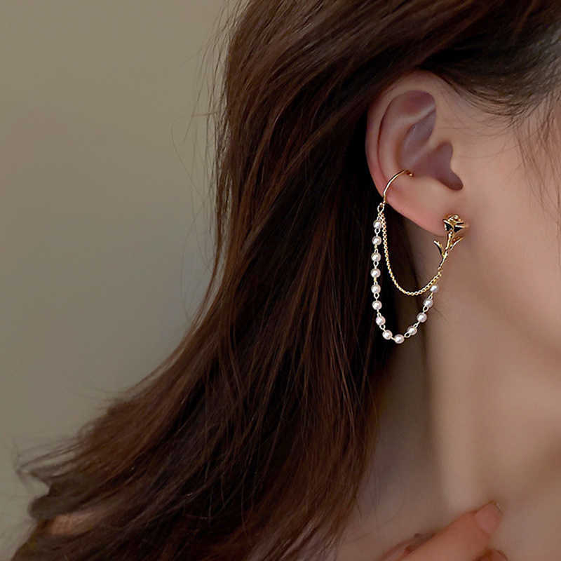 Charm 2022 Rose Flower Pearl Chain Stud Earrings Korean Style Ear Clip Long Tassel Earring Fashion Gold Ear Studs For Women Jewelry AA230518