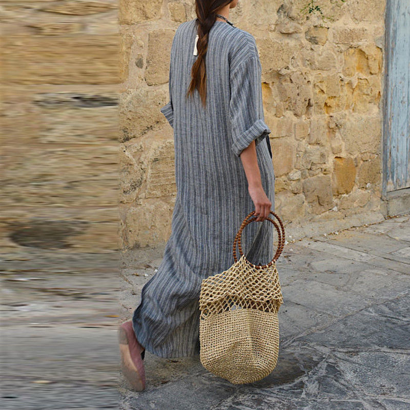 Basic Casual Dresses Womens Cotton Linen Dress Big size 5XL large size Kaftan Long Sleeve Summer Striped Women Large Size Long Maxi Boho Dresses 23051
