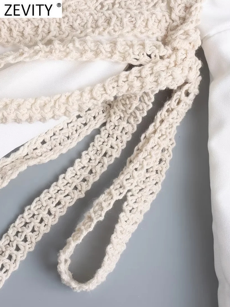 Basic Casual Dresses Zevity Women Fashion V Neck Lace Crochet Patchwork White Mini Dress Female Chic Long Sleeve Lace Up A Line Vestidos DS1905 230519