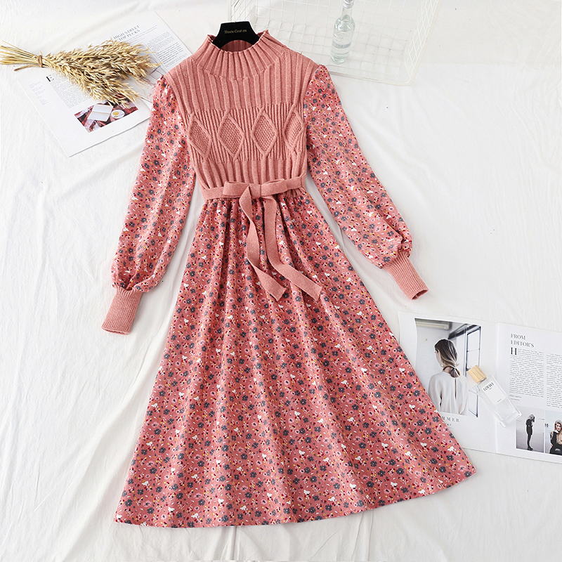 Basic Casual Dresses Autumn Sweater Dresses for Women Winter Splicing Pullover Bow Belt Slim Knitting Sweet Corduroy Floral Print Midi Dress Vestidos 