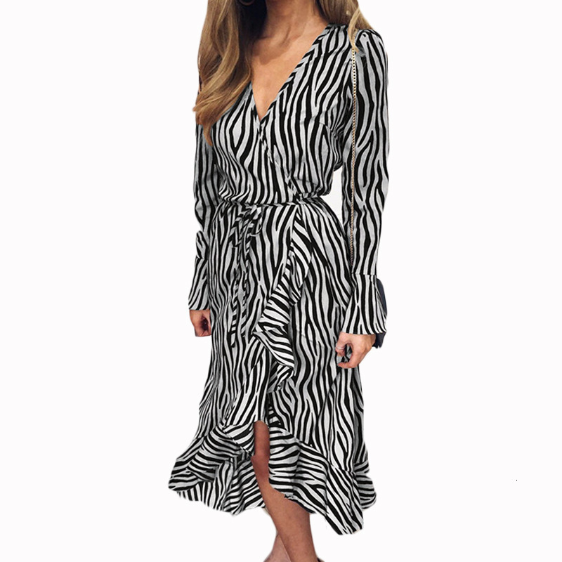 Basic Casual Dresses Zebra Print Long Dresses Summer Women Beach Bohemian Maxi Dress Casual Long Sleeve V Neck Ruffles Party Lacing Retro Dress 230519