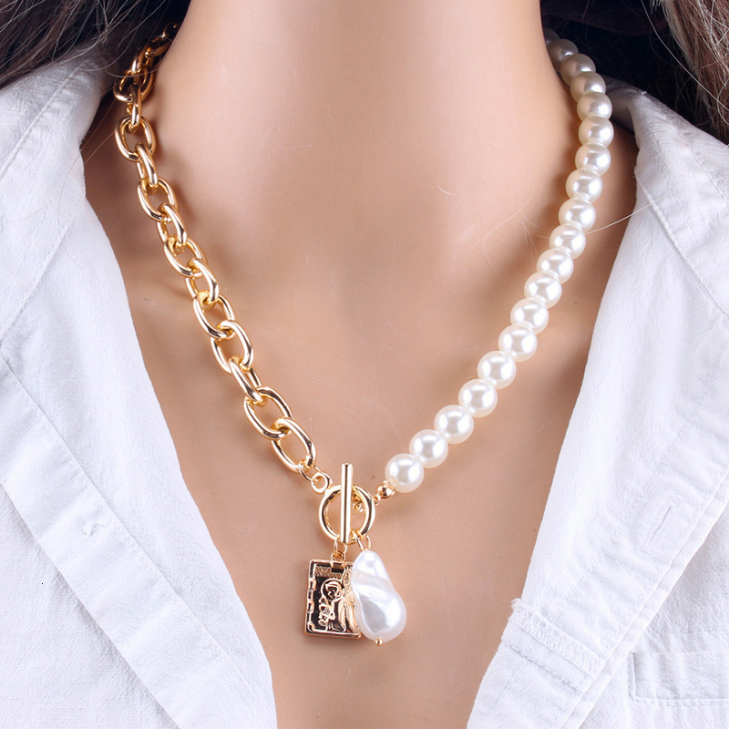 Chokers Fashion Chain Pearl Necklace For Women Baroque Metal Charm Pendant Necklaces Choker Snake Jewelry Gold Silver Color 230519