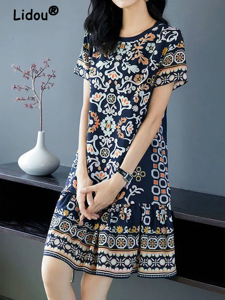 Basic Casual Dresses Summer Round Neck Elegant Fashion Temperament Vintage A-line Dresses Short Sleeve Printing Leisure Midi Dress Vestidos 230519