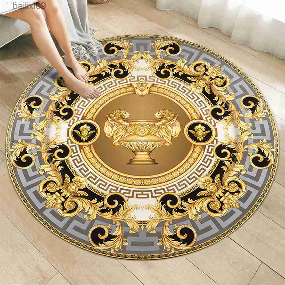 Carpets Gold Round Carpets Living Bedroom Area Rug Room Bedside Chair Mat European Style Home Decoration Carpet Tatami Mat Alfombras T230519