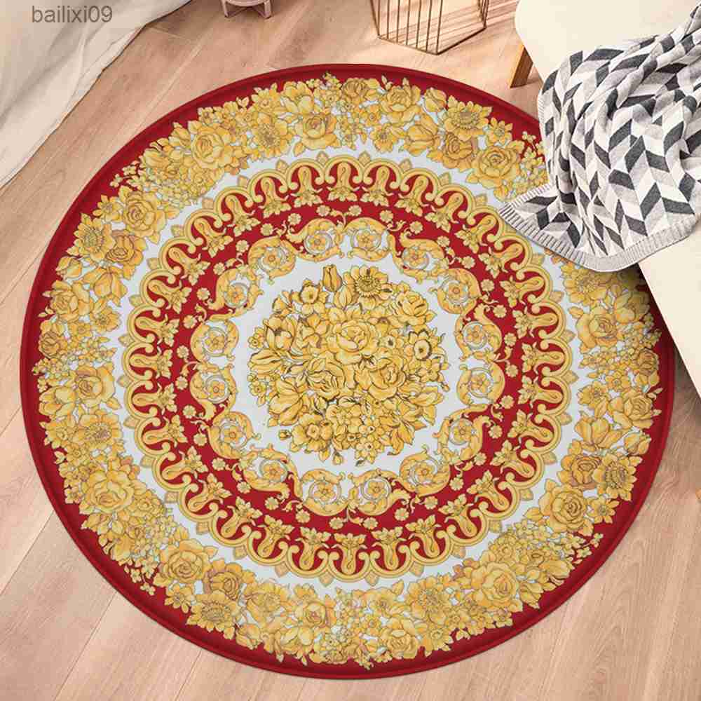 Carpets Gold Round Carpets Living Bedroom Area Rug Room Bedside Chair Mat European Style Home Decoration Carpet Tatami Mat Alfombras T230519