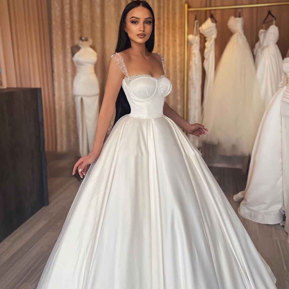Elegant Sweetheart Satin Wedding Dress Bead Straps Pleat Bridal Gown Puffy Skirt Robe De Mariee 326