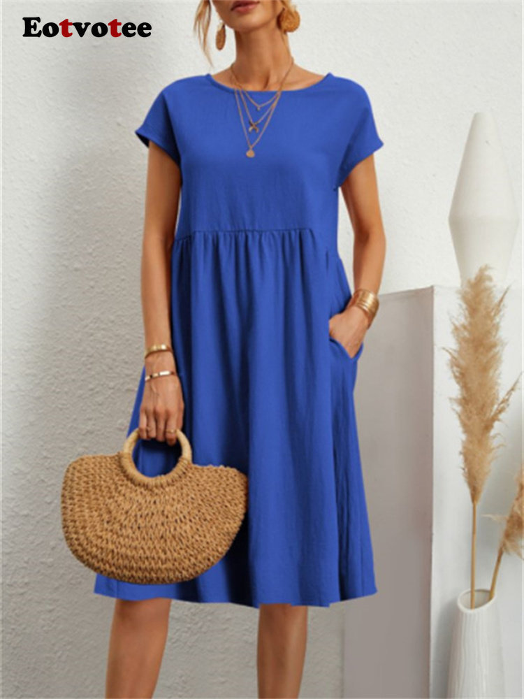Basic Casual Dresses Eotvotee Cotton Linen Summer Dress for Women High Waisted O Neck Short Sleeve Midi Dresses Solid Vintage Casual Dress 230519