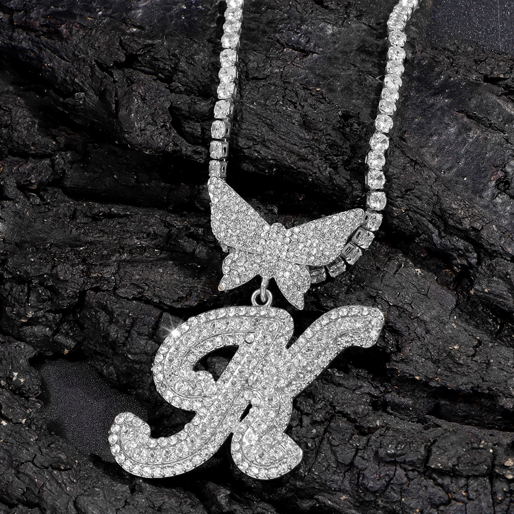 Chokers Men Women 14MM Cuban Chain Crystal Butterfly Initials Name Pendant Necklace Iced Out Cursive Letters Rapper Jewelry 230519