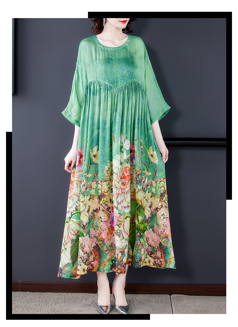 Basic Casual Dresses Ladies O Neck Loose Casual Vintage Printed Silk Midi Dresses Robe Spring Summer Prom Dress Women Elegant Party Vestidos 230519