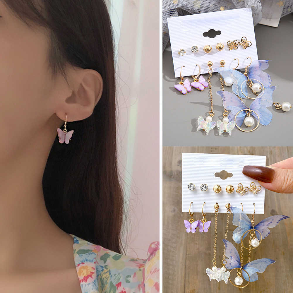 Charm Korean Fashion Butterfly Drop Earrings Set For Women Acrylic Resin Star Heart Round Hoop Earring Pearl Brincos Jewelry Gift AA230518