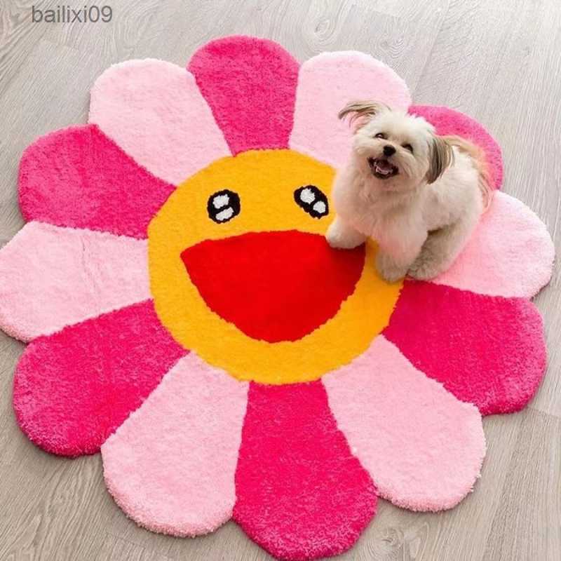 Fashion Dirtyresistant Cartoon Living Room Carpet Cute Soft Sunflower Round Children Room Rug Washable Easy Care Nonslip Rugs T230519