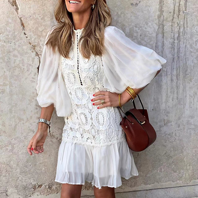 Basic Casual Dresses Women Clothing Lace V Neck Short Sleeve Wrap Hip Dress Fashion Embroidered Button Party Dress White Beach Mini Dresses Vestidos 2