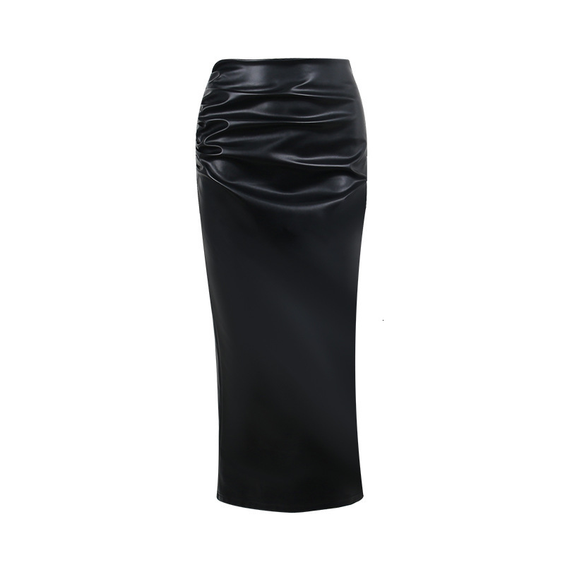 Sexy Faux Leather Split Midi - Y2k High Waisted Bodycon PU Skirt For Women, Black/White B1