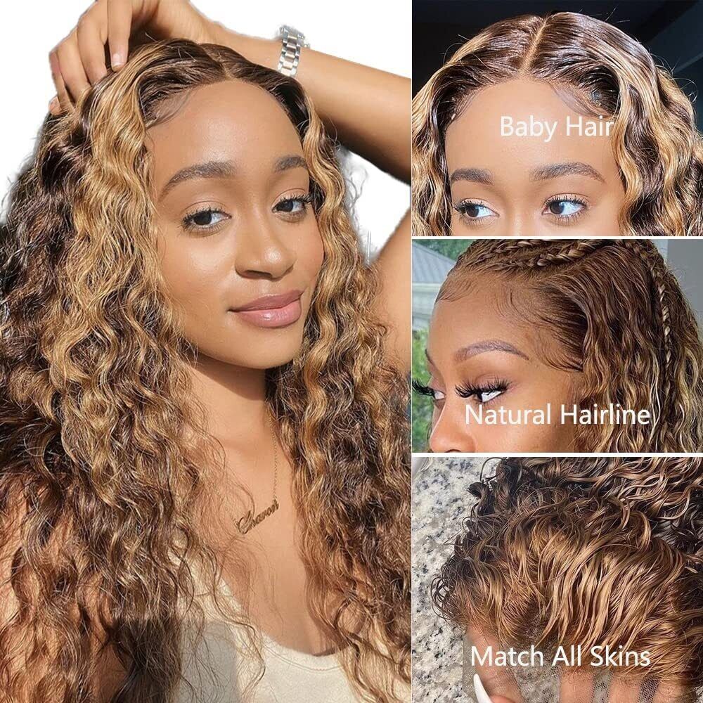 Brazilian Hair 13x4 Highlight Lace Front Wig 36 Inch Curly Human Hair Wig Honey Blonde Deep Water Wave Synthetic Frontal Wigs For Women