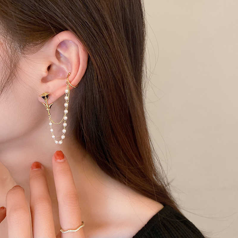 Charm 2022 Rose Flower Pearl Chain Stud Earrings Korean Style Ear Clip Long Tassel Earring Fashion Gold Ear Studs For Women Jewelry AA230518
