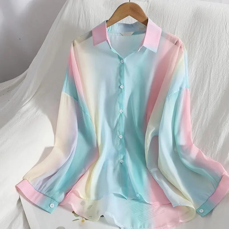 Womens Blouses Shirts Women Chic Chiffon Rainbow Sun Protection Blouse Summer Loose See Through Thin Female Casual Long Sleeve Tops 230519