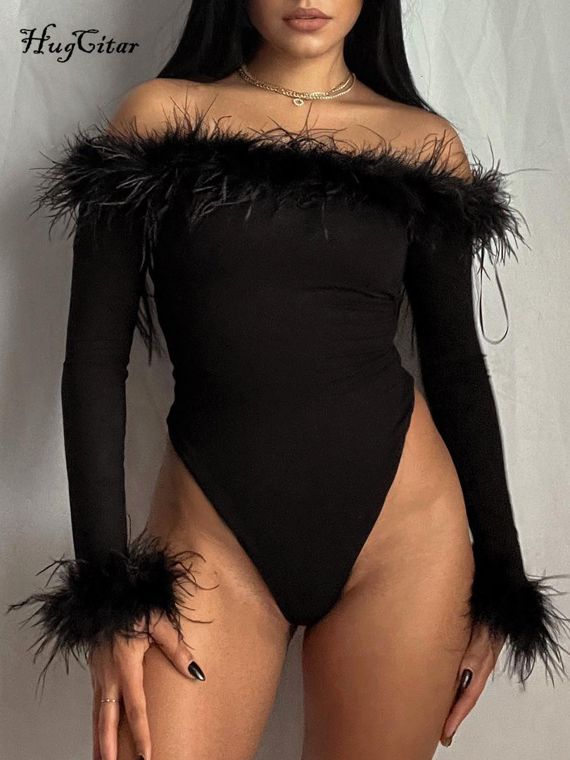 Women's Jumpsuits Rompers Hugcitar Feather Slash Neck Long Sleeve Solid Elegant Sexy Bodycon Bodysuit Fall Winter Women Birthday Party Y2K Clothe