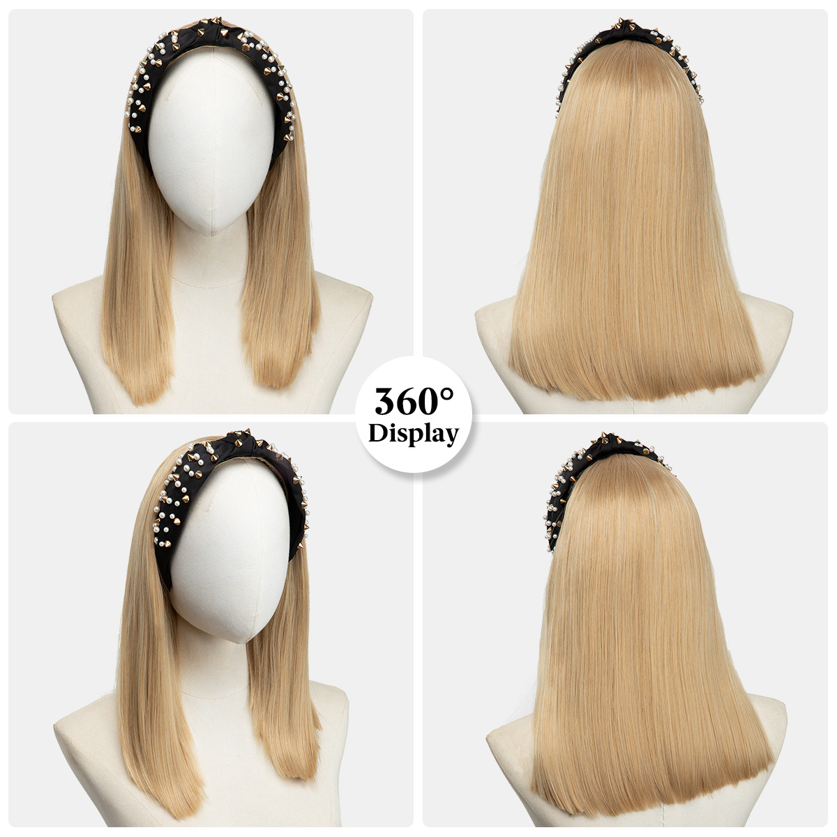 Synthetic Straight Natural Short Hair Wig Headband Half Up Half Down Wig With Headband Attached For Women