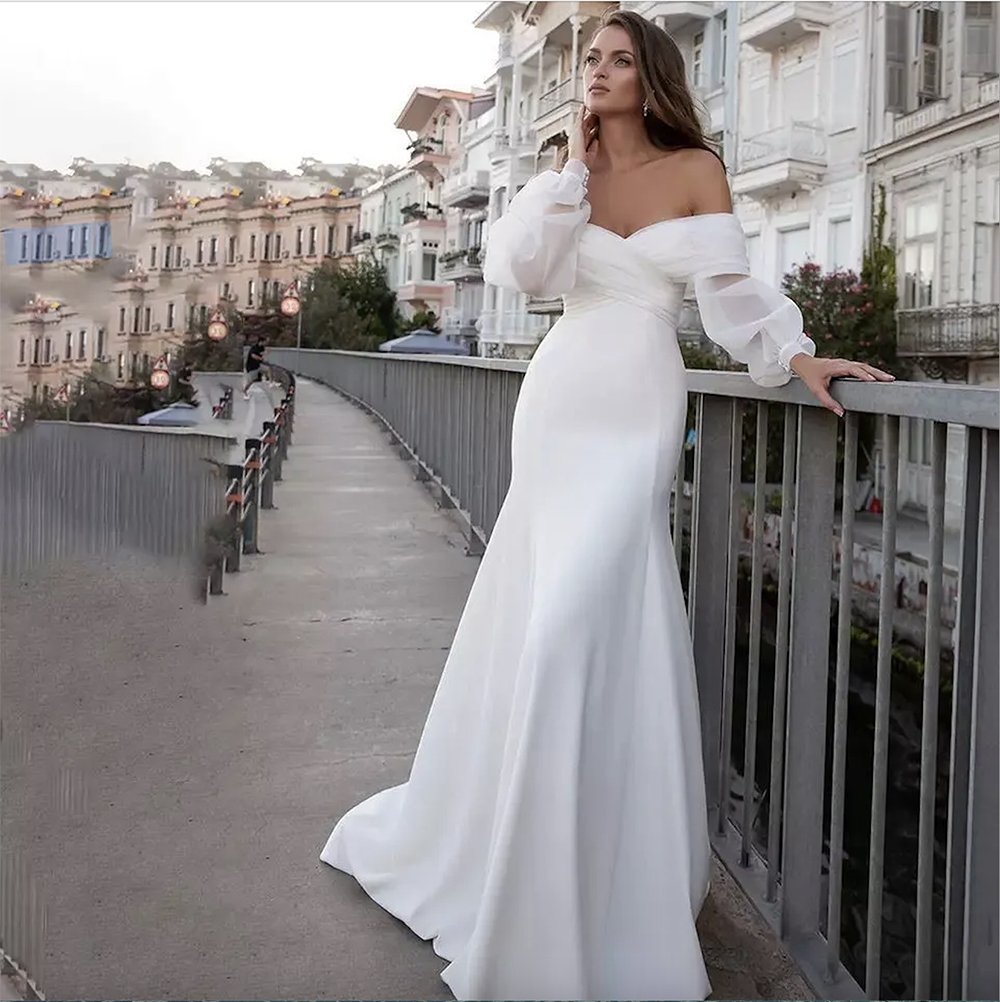 Satin Mermaid Wedding Dresses 2023 Long Fuff Sleeve Sexy Beach Bride Off The Shoulder Boho Bridal Gowns Vestidos De Noiva Free shippi
