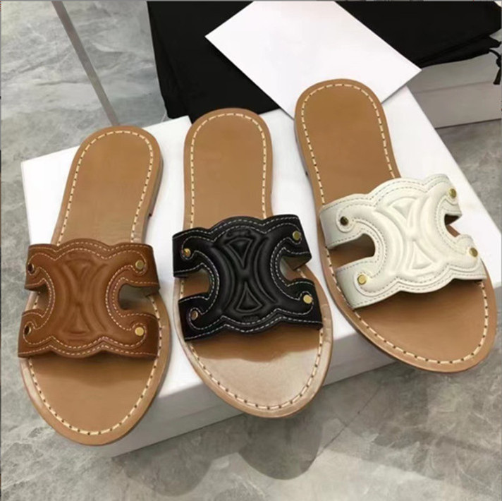

2023 designer women flat slippers Triomphe embellished Leather sandals open toes black white summer shoes womens girls holiday flats scuffs Flip flops size 35-41