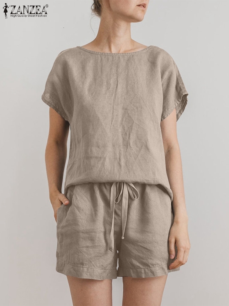 Women's Two Piece Pants ZANZEA Summer Women Matching Sets Short Sets Cotton Suits Short Sleeves Shorts Female Casual Tracksuit Tops Loose Home We